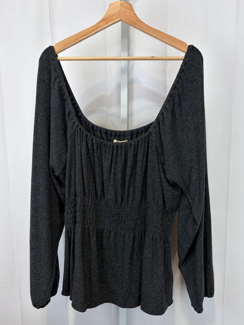 MADEWELL Plush Square Neck Smocked Top NC634 Long Sleeve Gray Size XXL